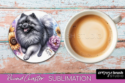 Keeshond Round Coaster - Dog Mom Floral Coaster Sublimation Sublimation OrangeBrushStudio 