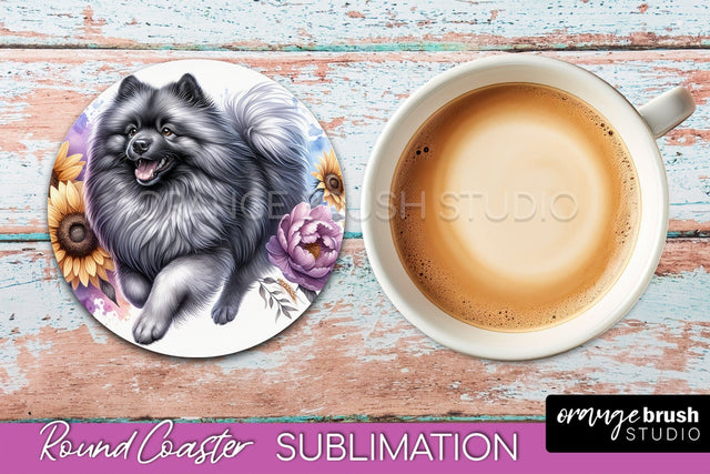 Keeshond Round Coaster - Dog Mom Floral Coaster Sublimation Sublimation OrangeBrushStudio 