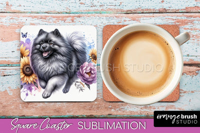 Keeshond Square Coaster - Dog Mom Floral Coaster Sublimation Sublimation OrangeBrushStudio 