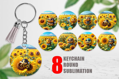 Keychain 3D Cute Bee Sunflowers Sublimation artnoy 