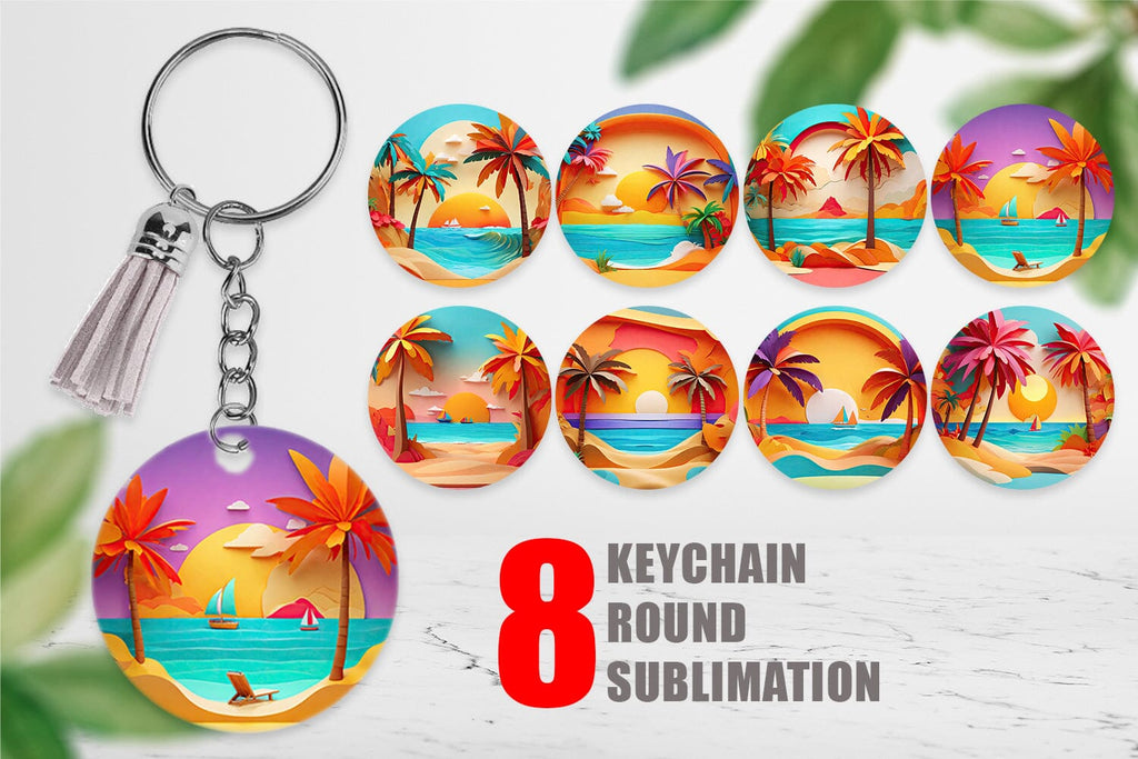 Keychain 3D Paper cut Beach Summer - So Fontsy