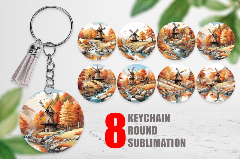 Keychain Autumn Windmill Landscape Sublimation artnoy 