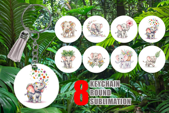 Keychain Baby Elephant Floral Parade Watercolor Sublimation artnoy 