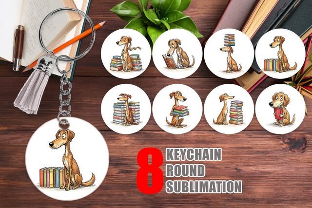 Keychain Bibliophile Dog Book Stack Watercolor Sublimation artnoy 