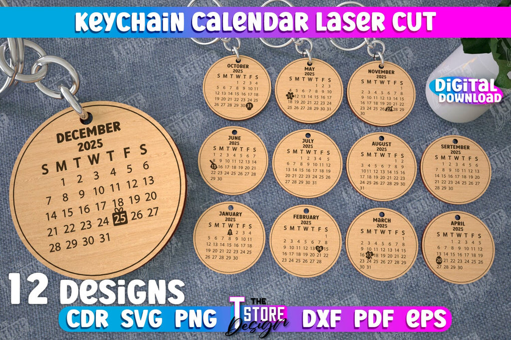 Keychain Calendar Bundle | Wooden Calendar 2025 | Calendar Template ...