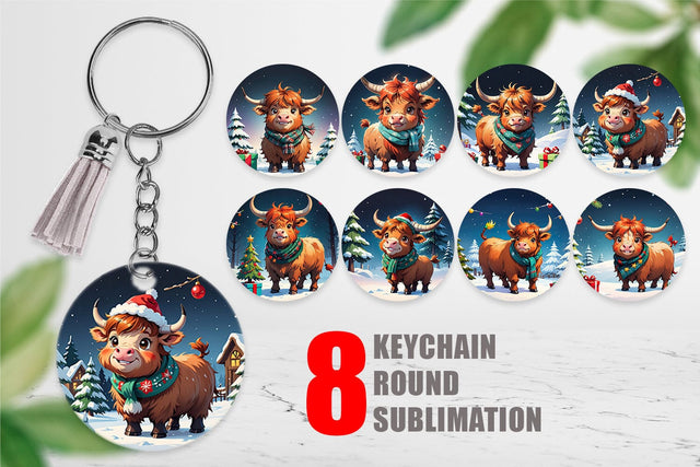 Keychain Cartoon Christmas Highland Cow Sublimation artnoy 