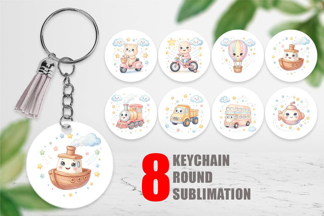 Keychain Cheerful Nursery Vehicle Watercolor Sublimation artnoy 
