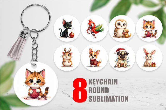 Keychain Cozy Christmas Pets Vintage Watercolor Companions Sublimation artnoy 