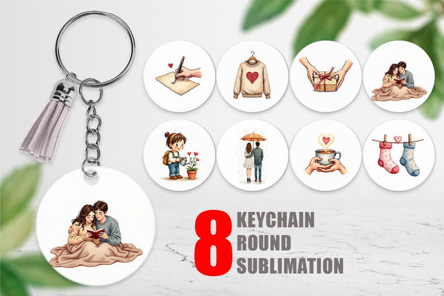 Keychain Cozy Valentine Moments Watercolor Illustrations Sublimation artnoy 