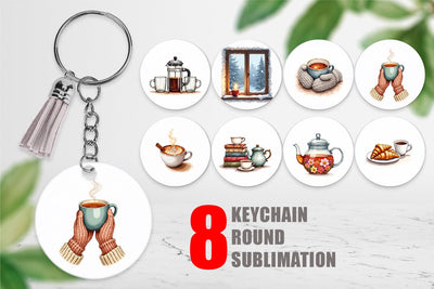 Keychain Cozy Winter Cafe Watercolor Sublimation artnoy 
