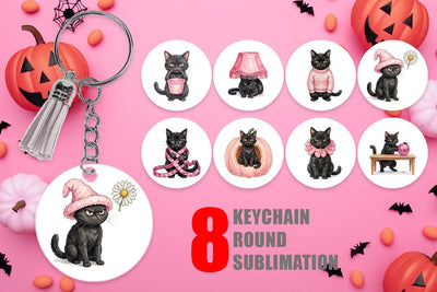 Keychain Cynical Black Cat Pink Retro Watercolor Sublimation artnoy 