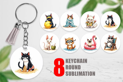Keychain Cynical Summer Cats Watercolor Sublimation artnoy 