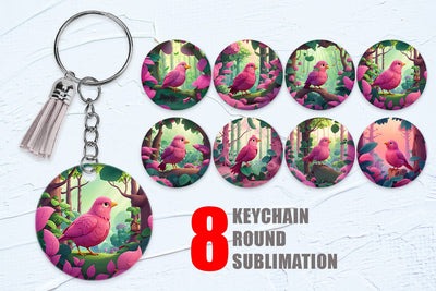 Keychain Design Pink Bird in the Forest Sublimation artnoy 