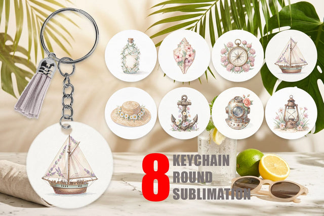 Keychain Elegant Coastal Summer Watercolor Sublimation artnoy 