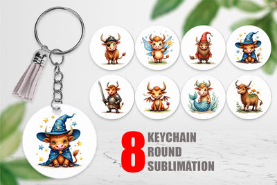 Keychain Enchanted Highland Cows UglyCute Fantasy Watercolor Sublimation artnoy 