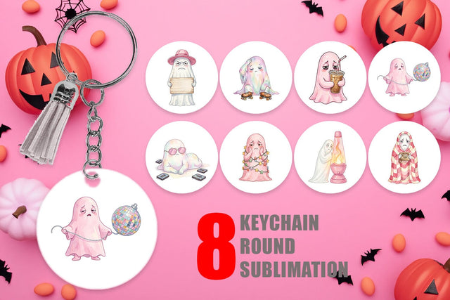 Keychain Exhausted Retro Ghost Pink Watercolor Sublimation artnoy 