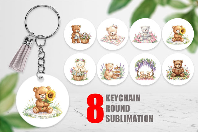 Keychain Floral Garden Teddy Bear Watercolor Sublimation artnoy 