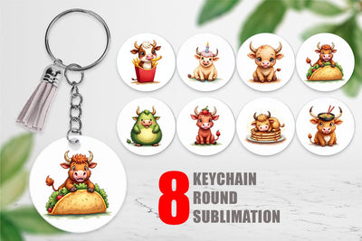 Keychain Foodie Highland Cow UglyCute Watercolor Treats Sublimation artnoy 