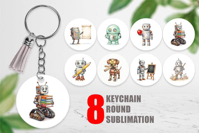 Keychain Friendly Retro School Robot Watercolor Sublimation artnoy 