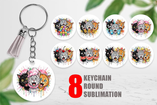 Keychain Funny Treat Panic Cats Watercolor Sublimation artnoy 
