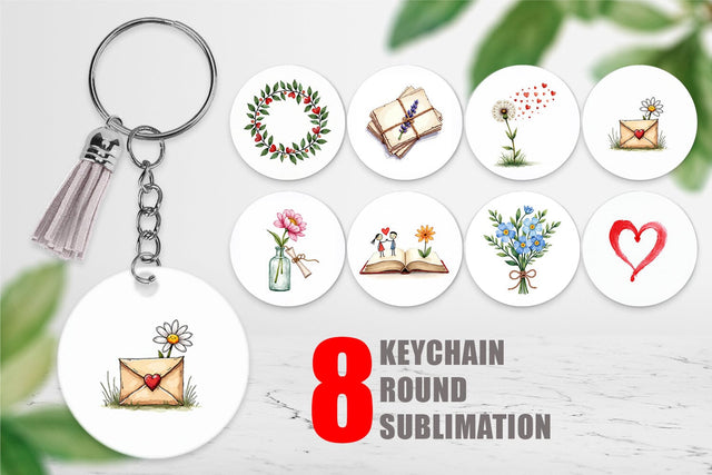 Keychain Handmade Valentine Blooms & Notes Watercolor Sublimation artnoy 