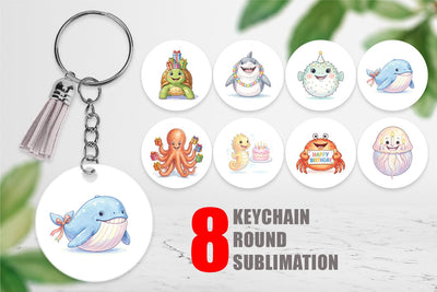 Keychain Happy Round Ocean Birthday Watercolor Sublimation artnoy 