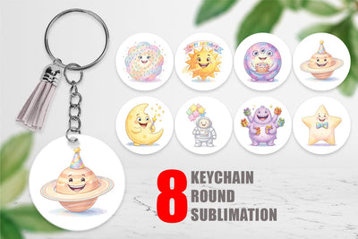 Keychain Happy Round Space Birthday Watercolor Sublimation artnoy 