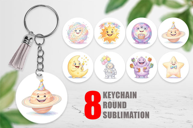 Keychain Happy Round Space Birthday Watercolor Sublimation artnoy 
