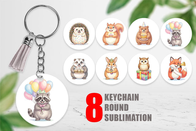 Keychain Happy Round Woodland Birthday Watercolor Sublimation artnoy 