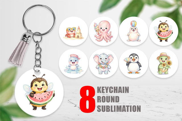 Keychain Happy Summer Animals Watercolor Sublimation artnoy 