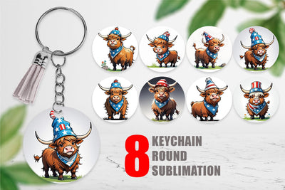Keychain Highland Cow 4th of July Sublimation artnoy 