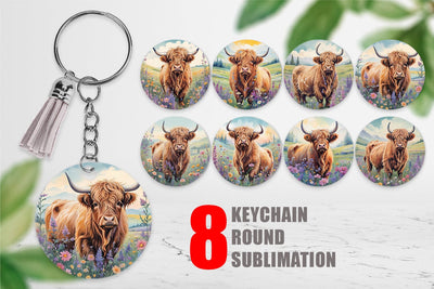 Keychain Highland Cow and Flower Sublimation artnoy 