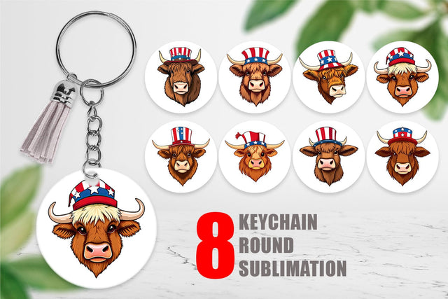 Keychain Highland Cow Patriotic Sublimation artnoy 
