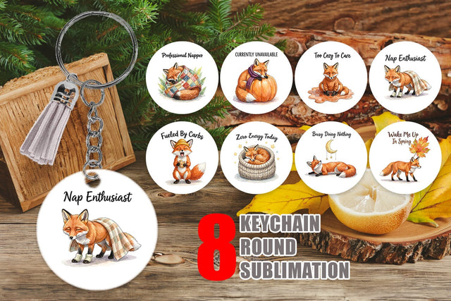 Keychain Lazy Fox Cozy Hygge Watercolor Sublimation artnoy 