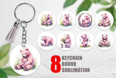 Keychain Mama Bear Cub Watercolor Sublimation artnoy 