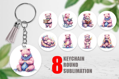 Keychain Mama Bear Reading Watercolor Sublimation artnoy 