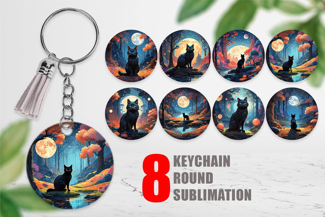 Keychain Moonlit Woodland Black Cat Sublimation artnoy 