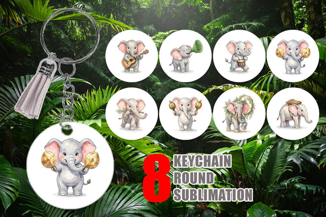 Keychain Musical Jungle Elephant Watercolor Sublimation artnoy 
