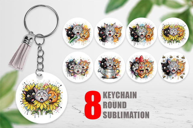Keychain Panic Garden Cats Messy Watercolor Sublimation artnoy 