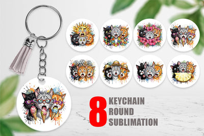 Keychain Panic Tropical Cats Messy Watercolor Sublimation artnoy 