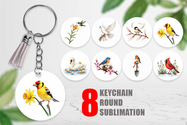 Keychain Pastel Spring Birds & Blooms Watercolor Sublimation artnoy 