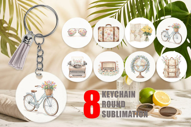 Keychain Pastel Vintage Travel Gear Watercolor Sublimation artnoy 