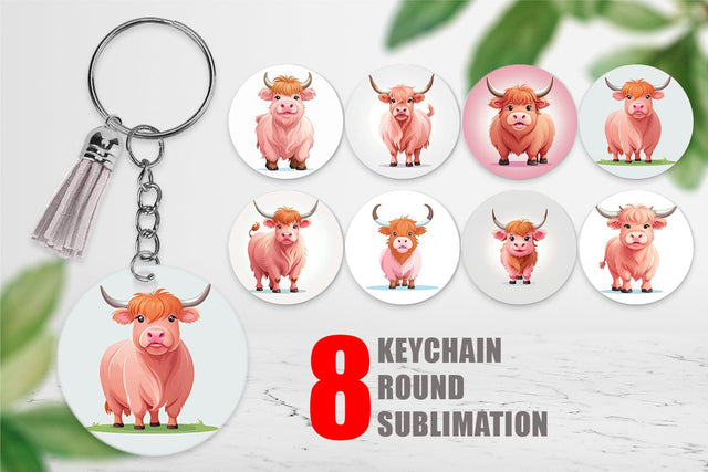 Keychain Pink Highland Cow Valentine Sublimation artnoy 