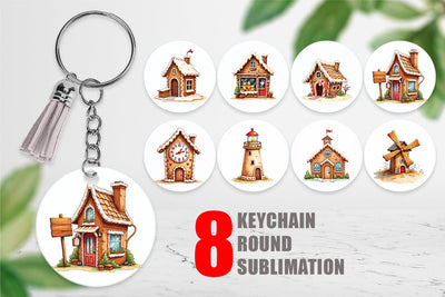 Keychain Quirky Gingerbread Village Watercolor Sublimation artnoy 