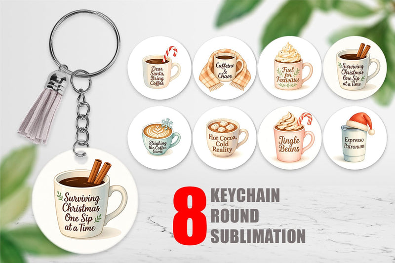 Keychain Quotes Watercolor Coffee and Chaos Christmas Sublimation artnoy 