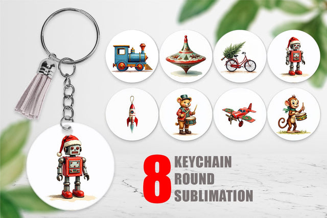 Keychain Retro Christmas Tin Toy Treasures Watercolor Sublimation artnoy 