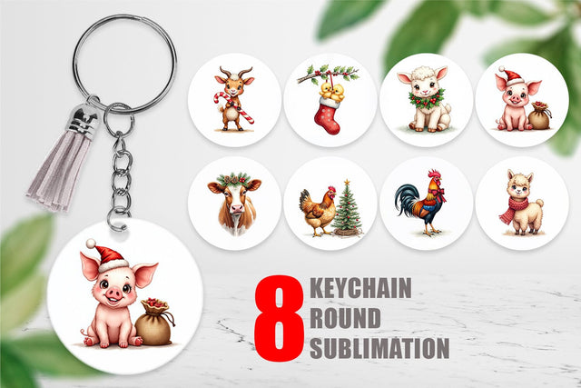 Keychain Rustic Farmhouse Christmas Animals Watercolor Sublimation artnoy 