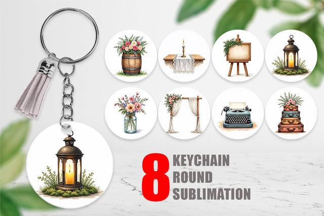 Keychain Rustic Romance Wedding Decor Elements Sublimation artnoy 