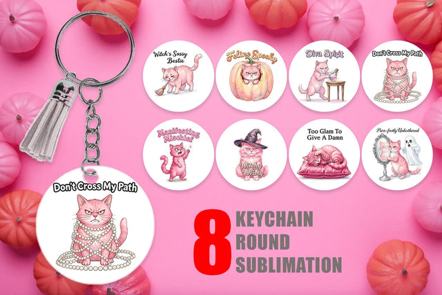 Keychain Sassy Pink Cat Halloween Watercolor Sublimation artnoy 