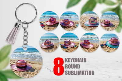 Keychain Straw Hats on Sand Beach Sublimation artnoy 